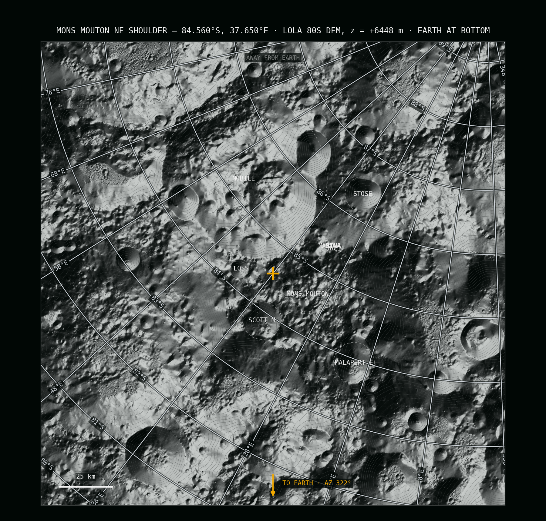 Laser-altimetry terrain map of the Mons Mouton massif with the site marked on the northeast plateau shoulder, lon/lat grid, and the direction to Earth at the bottom